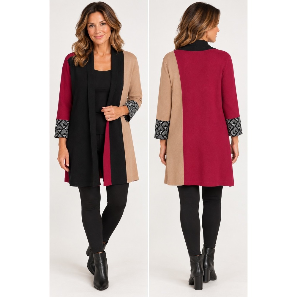 Chico's Color Block Longline Cardigan Size 2 (L) Burgundy Black Camel